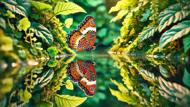 Farfalla vicino a uno stagno calmo. il riflesso delle farfalle è chiaramente visibile nell'acqua ferma illustrazione di stock