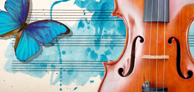 Farfalla, violino e note Morpho Butterfly e violino blu Concetto di Melody Foto di un vecchio foglio in vernice ad acquerello blu