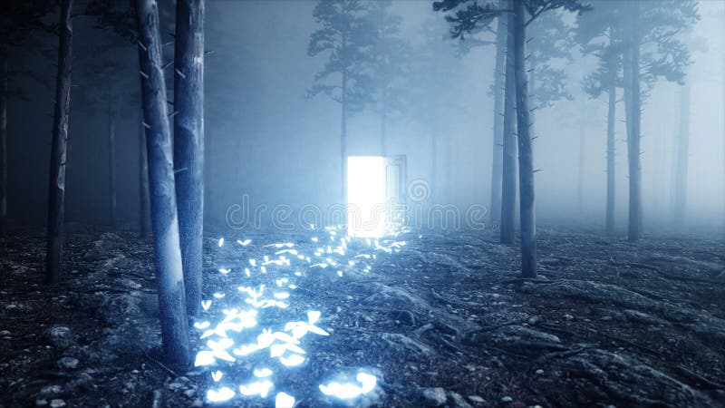 Farfalle d'ardore nella porta del portale della luce della foresta di notte della nebbia Mistic e concetto magico 3d rendono illustrazione di stock Farfalle d'ardore nella porta del portale della luce della foresta di notte della nebbia Mistic e concetto magico 3d rendono illustrazione di stock