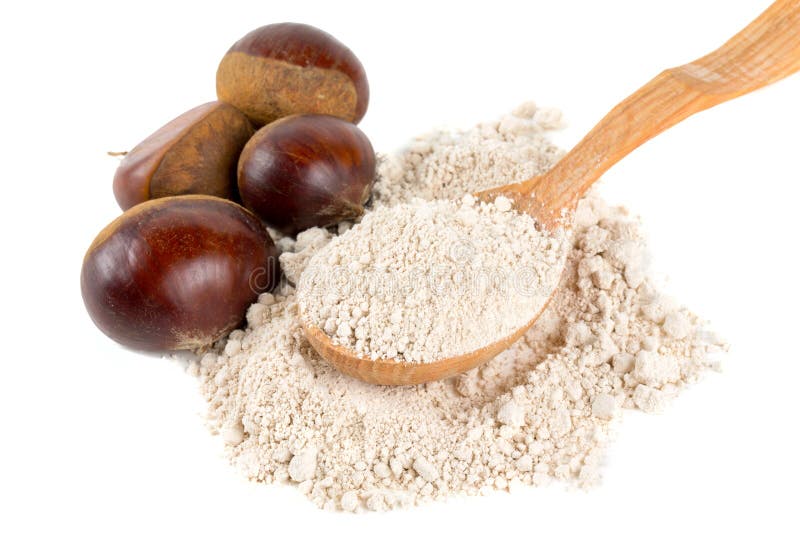 Chestnut flour in a wooden spoon isolated on white background. Chestnut flour in a wooden spoon isolated on white background