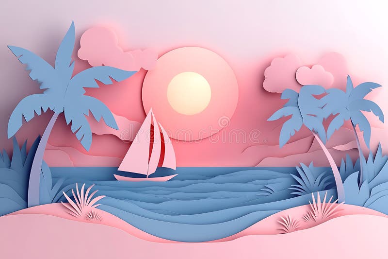 Farkoster för havsgående segelbåt Ocean Waves Palm Trees Pink Sand och Setting Sun stock illustrationer