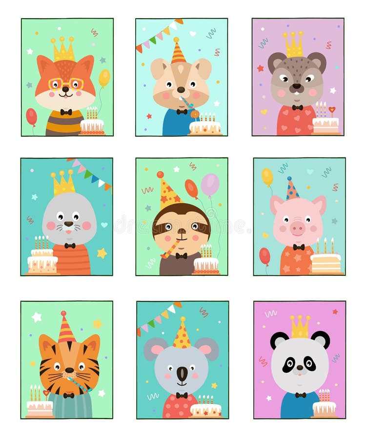 Farm animal birthday posters, celebrate holiday party, children characters in festive cap with cake, confetti and