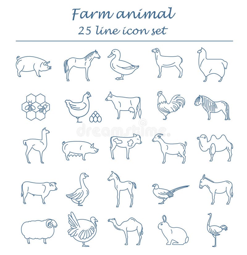 Farm animal thin line collection. 25 icon set. Flat design stock illustration