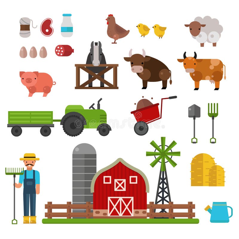 Farm Animals, Food and Drink Production Symbols, Organic Product, Machinery  and Tools on the Farm Vector Illustration. Stock Vector - Illustration of  industry, horse: 70532188