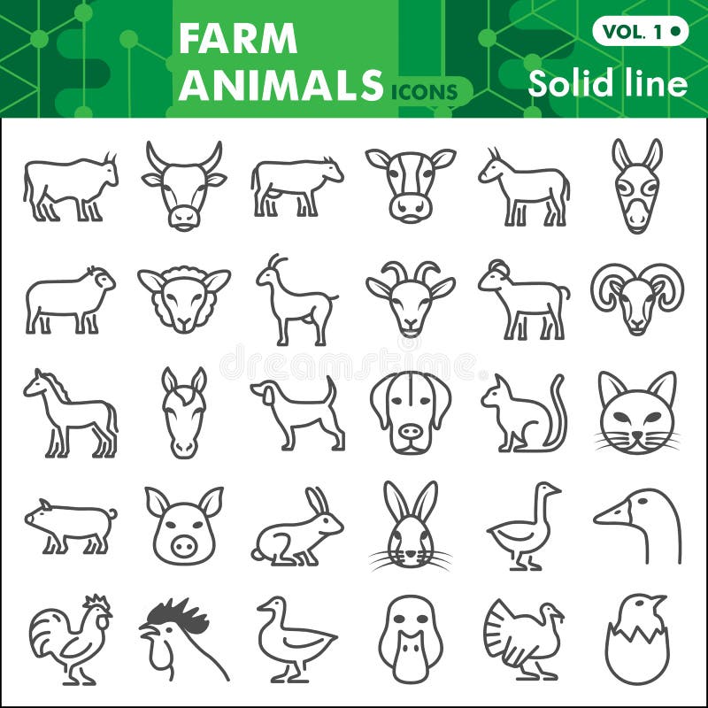 Farm Animals Line Icon Set, Home Animal Symbols Collection or Sketches.  Animals from a Farm Linear Style Signs for Web Stock Vector - Illustration  of agriculture, farm: 197418655