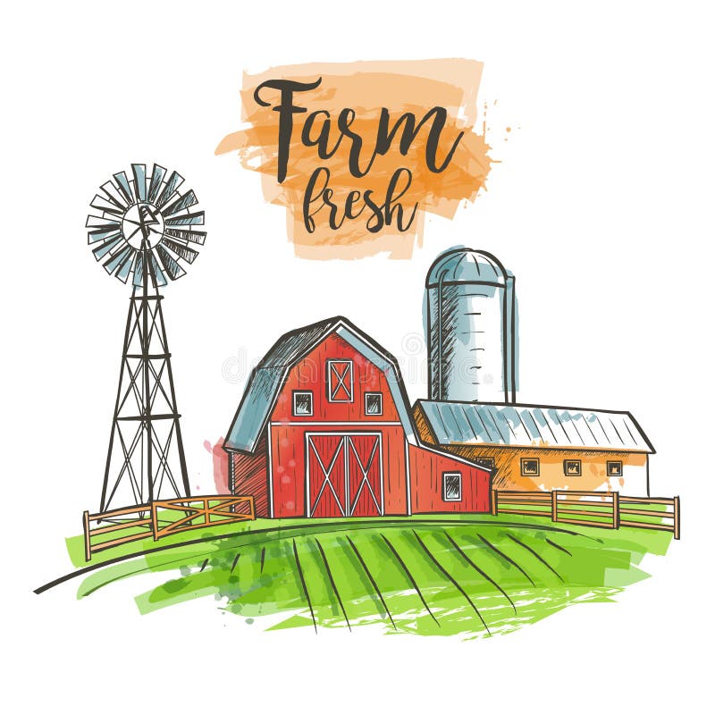 Farm windmill barn fence house field. Vintage illustration. Farm windmill barn fence house field. Vintage illustration.