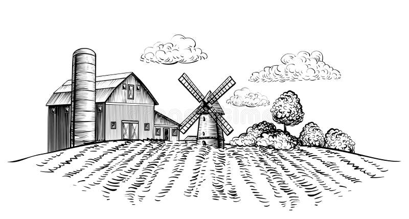 Farm barn and windmill on agricultural field on background trees rural landscape hand drawn sketch style horizontal illustration. Black and white rural landscape vector illustration