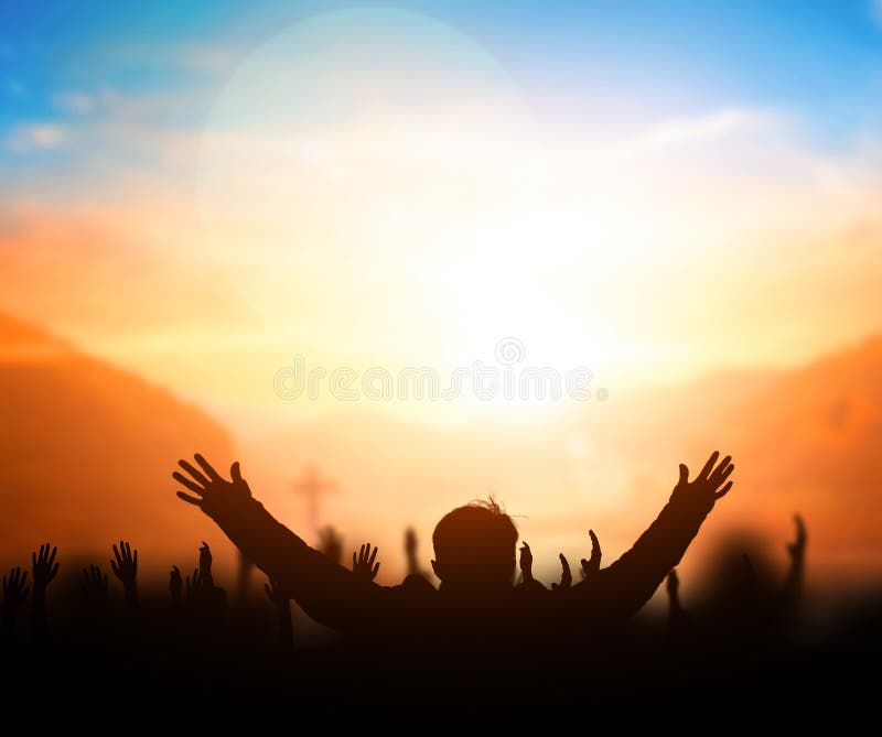 Praise and Worship Concept:Silhouette of Christian Prayers Raising Hand  while Praying To the Jesus Stock Image - Image of christian, glory:  125397249