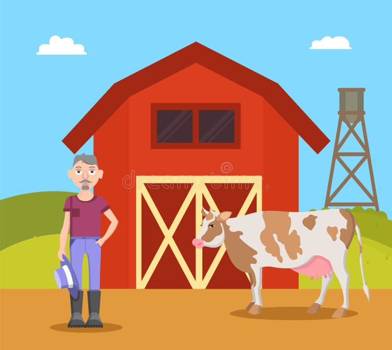 Farm and Farmer with Cow, Vector Illustration