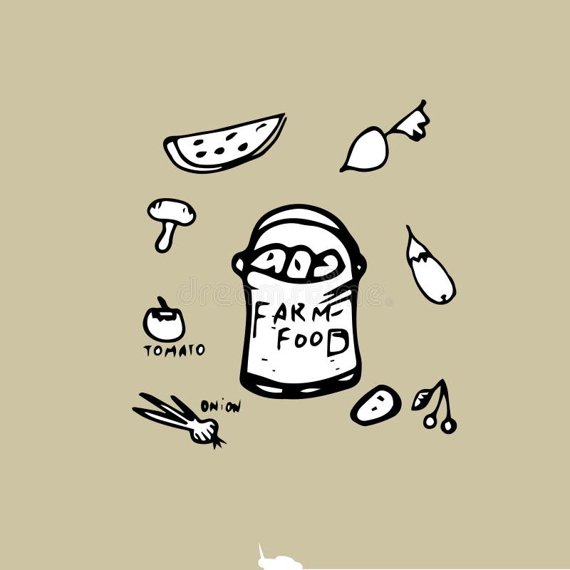 Farm Food text and and vegetables and fruits, freehand drawing stock illustration Farm Food text and and vegetables and fruits, freehand drawing stock illustration
