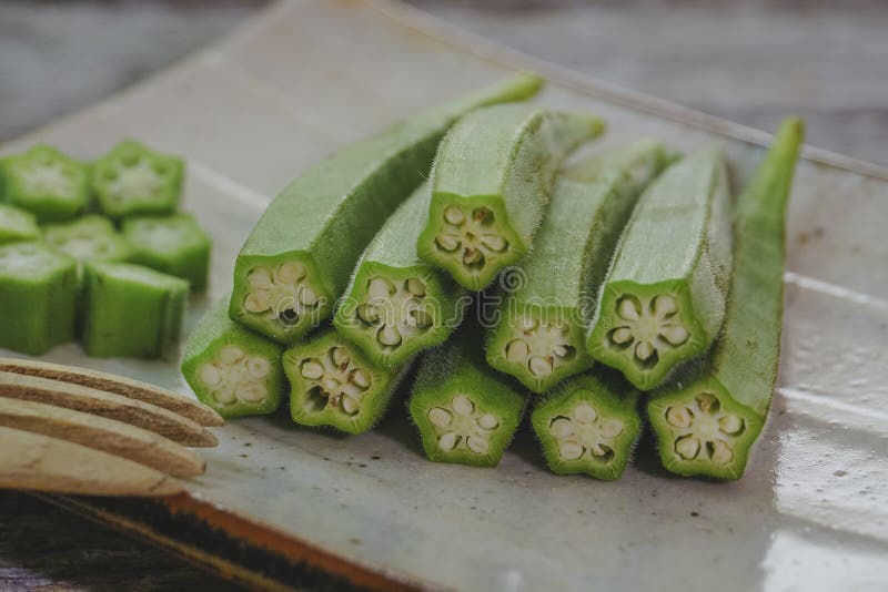 Raw okra stock photo. Image of closeup, food, wood, garden 120787512