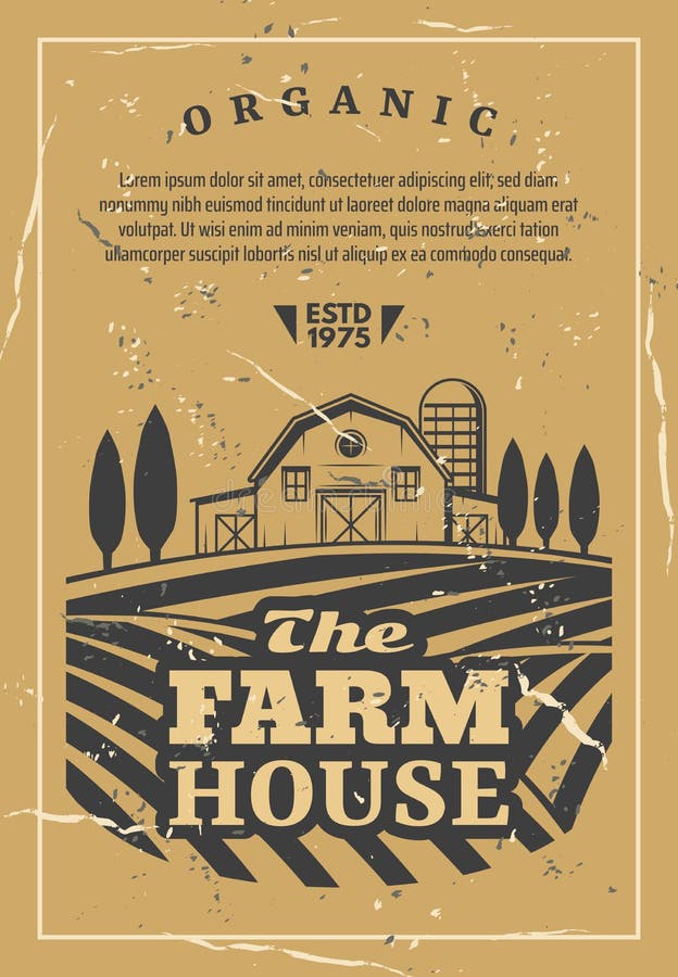 Farm house with field old retro vector poster