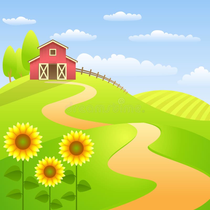 Beautiful farm landscapes with red barn and sunflowers