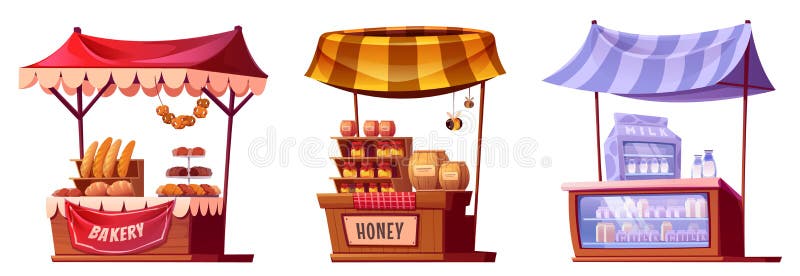 Farm market stalls, wooden fair booths, isolated kiosks with striped awning and farmer food honey, dairy products and vegetables. Wood vendor counters for street trading, Cartoon vector illustration. Farm market stalls, wooden fair booths, isolated kiosks with striped awning and farmer food honey, dairy products and vegetables. Wood vendor counters for street trading, Cartoon vector illustration