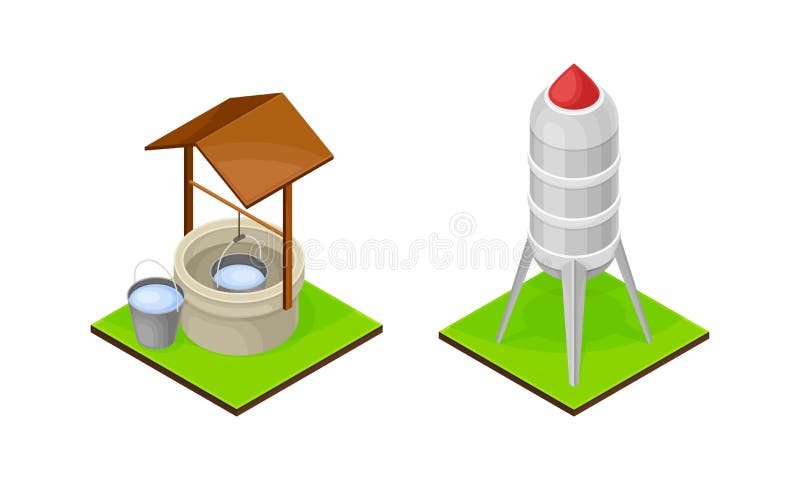 Farm objects set. well and water tower isometric vector illustration royalty free illustration