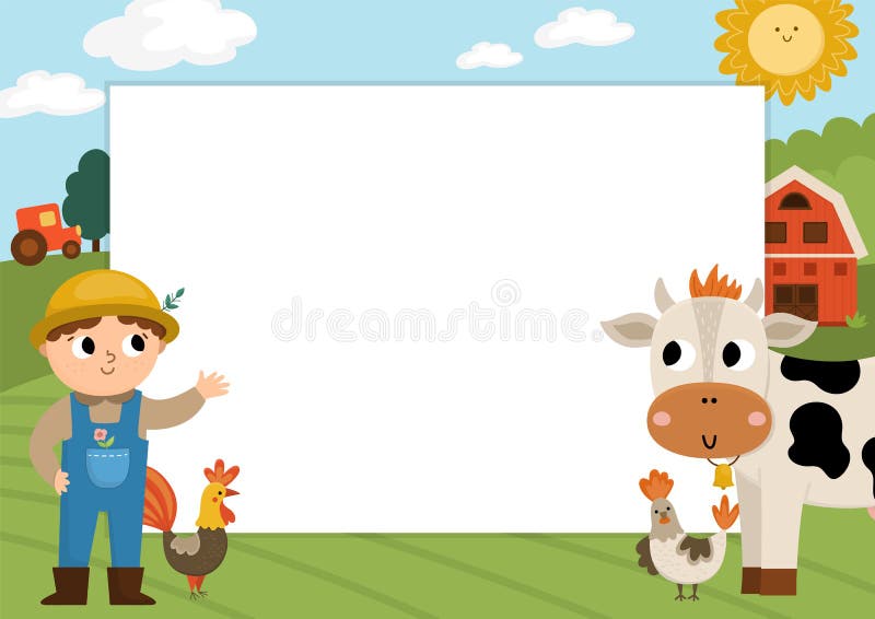 Farm Party Greeting Card Template with Cute Farmer, Rural Landscape and  Animals. Countryside Poster or Invitation for Kids Stock Vector -  Illustration of barn, country: 240746098