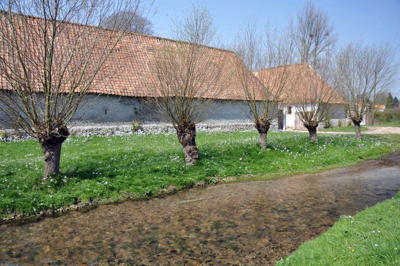 These farm buildings next to a stream and pollarded trees is typical of northern europe particularly france. These farm buildings next to a stream and pollarded trees is typical of northern europe particularly france