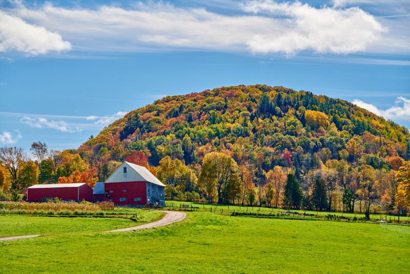 Farm with red barn at sunny autumn day