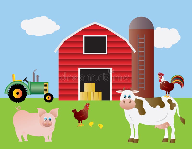 Farm with Red Barn Tractor Pig Cow Chicken Farm Animals Illustration. Farm with Red Barn Tractor Pig Cow Chicken Farm Animals Illustration