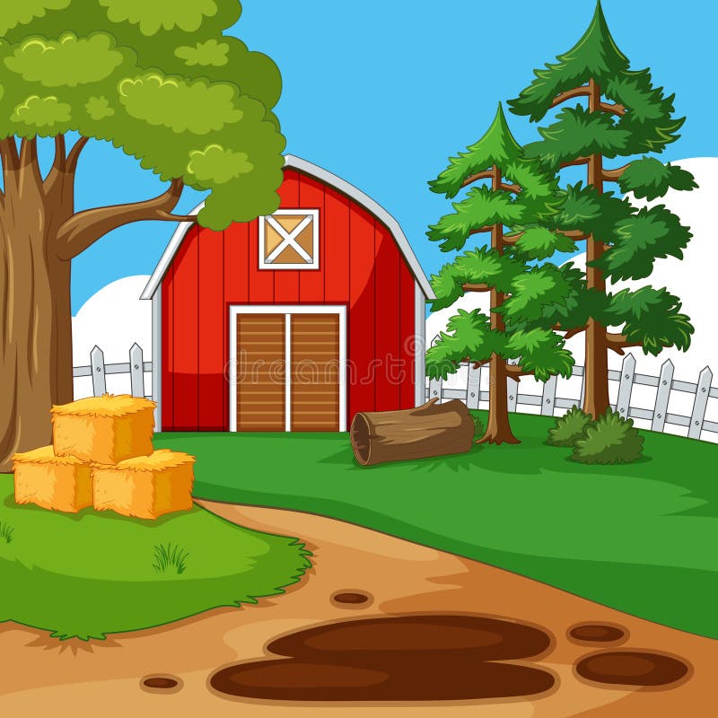Farm scene with barn and trees illustration