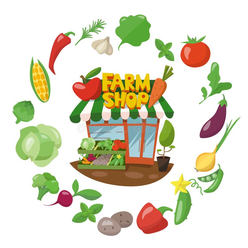 Farm shop infographic design wih different vegetables around. royalty free illustration Farm shop infographic design wih different vegetables around. royalty free illustration