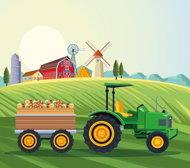 Farm tractor pushing fruits with cart royalty free illustration Farm tractor pushing fruits with cart royalty free illustration