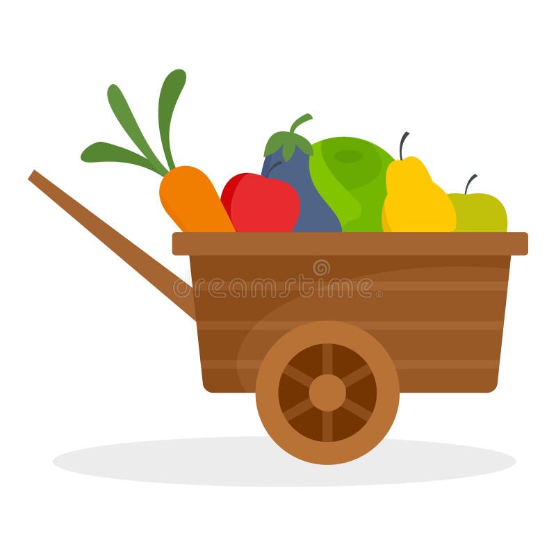 Farm wheelbarrow fruits, vegetables icon, flat style vector illustration Farm wheelbarrow fruits, vegetables icon, flat style vector illustration