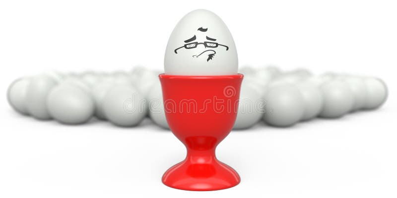 Farm White Painted Egg with Funny Face in Ceramic Egg Cup and Crowd of