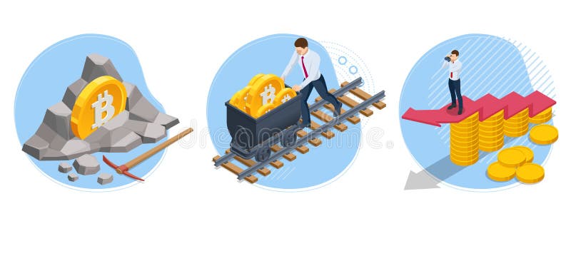 Farma eksploracyjna kryptografii izometrycznej bitcoiny. serwerownia bitcoin górnictwo superkomputerowe. łańcuch blokady kryptowal royalty ilustracja