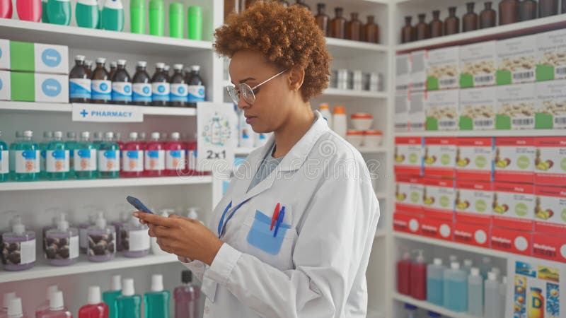Farmacéutica africana que usa smartphone en farmacia foto de archivo libre de regalías