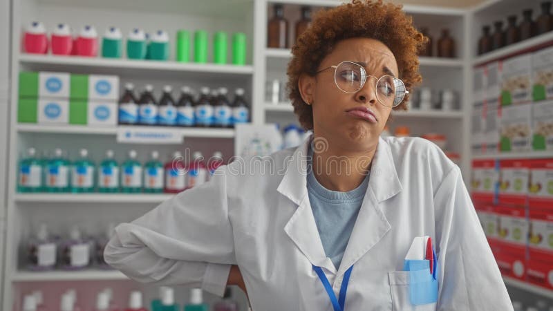 Farmacéutica afroamericana escéptica entre estanterías repletas de medicamentos en una farmacia cubierta imágenes de archivo libres de regalías