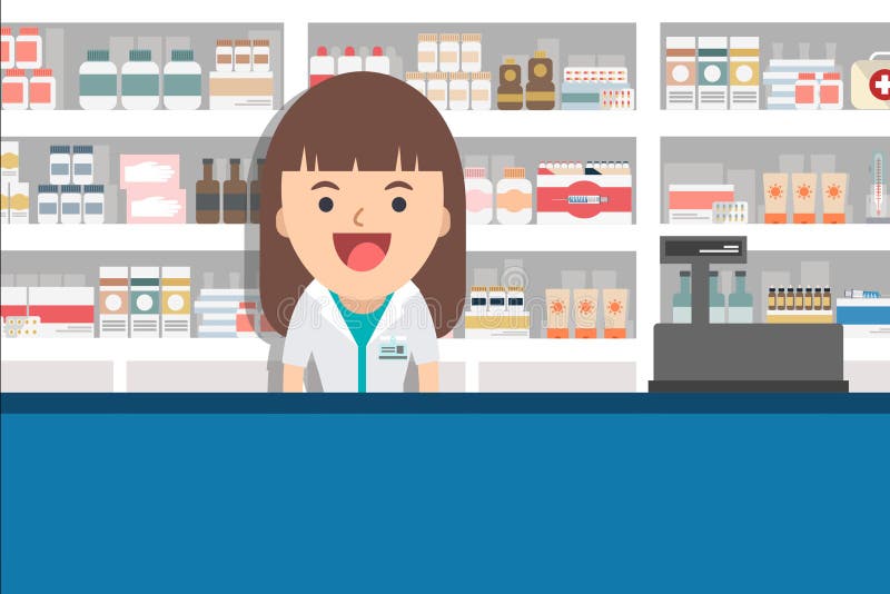 Farmacêutico fêmea no contador em uma farmácia ilustração stock Farmacêutico fêmea no contador em uma farmácia ilustração stock