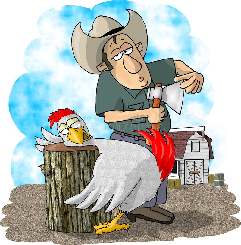 This illustration that I created depicts a farmer sharpening his axe with a chicken in the front, head on a chopping block. Cartoon chop illustrations