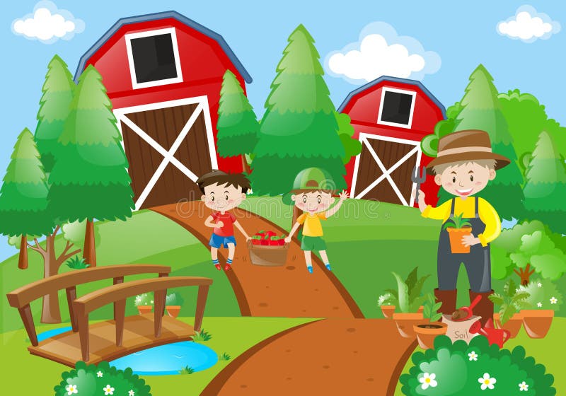 Farmer and Children Working in the Farm Stock Illustration Illustration of background, boys
