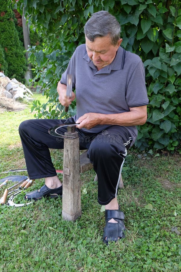 Farmer with Hammer and Iron Tool on the Tree Stump is Sharpening His