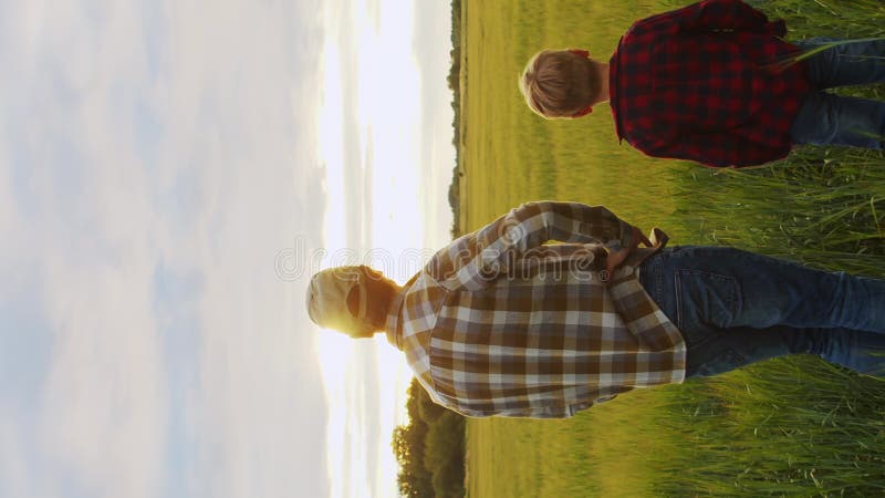 Farmer and his son in front of a sunset agricultural landscape. Man and a boy in a countryside field. Fatherhood stock footage