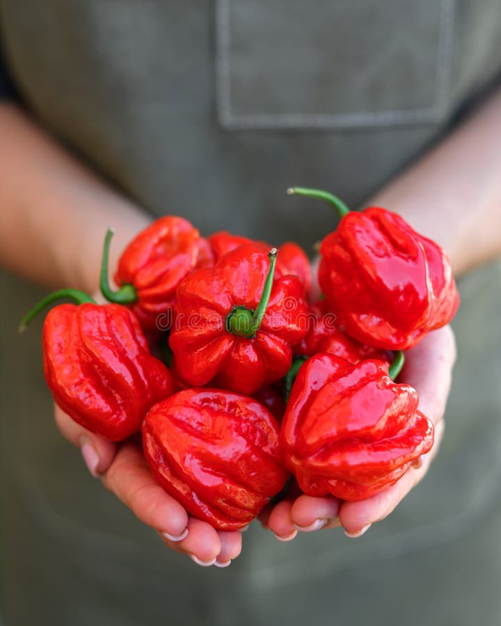 Farmer-händer fulla med juicy Red habanero peppers arkivbild