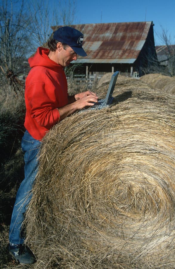 Farmer with laptop computer on hay bale stock images