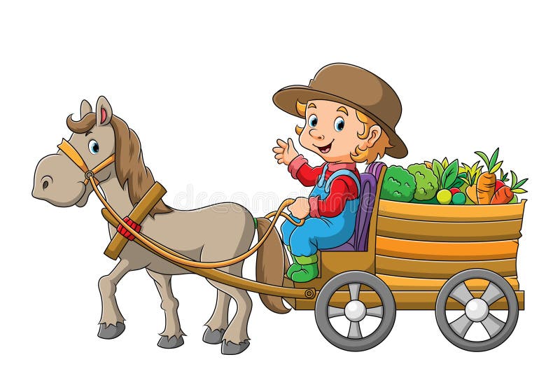 The farmer man with horse is pulling a cart full of vegetables