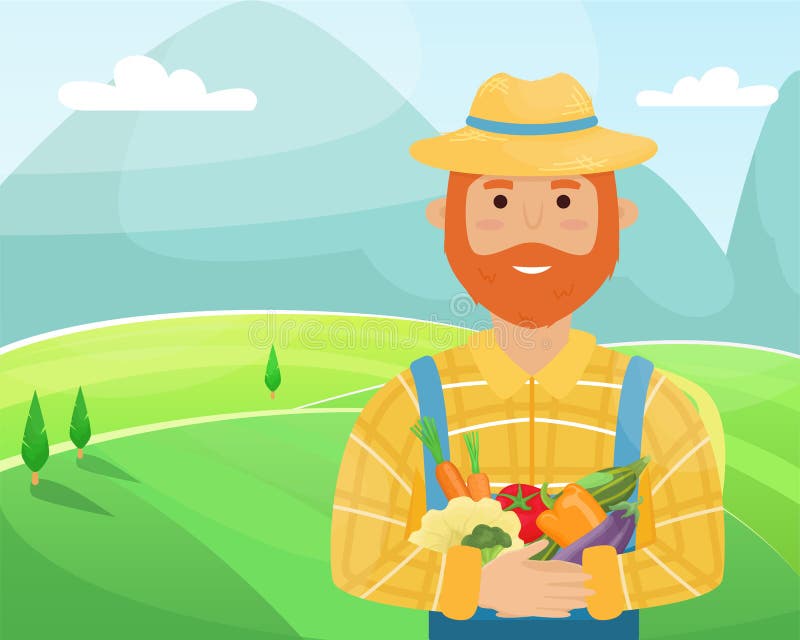 A farmer with a red beard in a straw hat, a plaid shirt and a crop in his hands. Flat vector illustration royalty free illustration