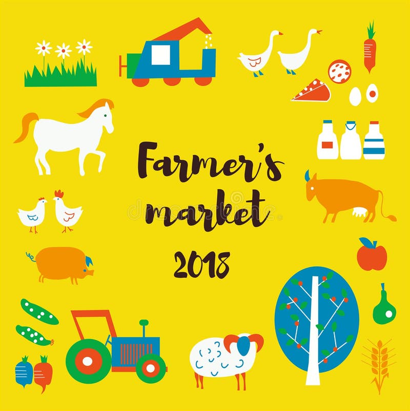 Farmer`s market background with animals, food, tractors, retro style. Vector illustration