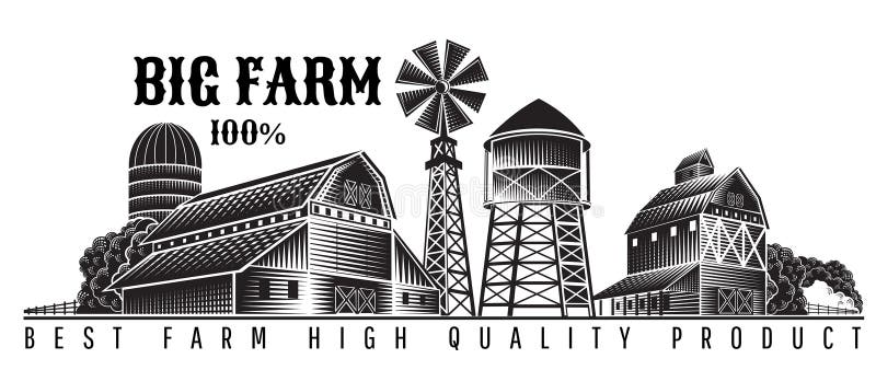 Farmer`s windmill, barn and farm building retro style vintage label