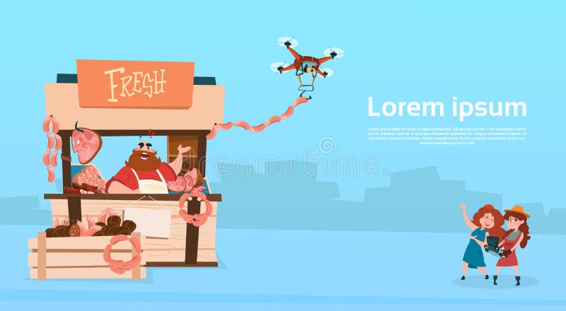 Farmer Sell Pork Meat Products Organic Market Drone Delivery vector illustration Farmer Sell Pork Meat Products Organic Market Drone Delivery vector illustration