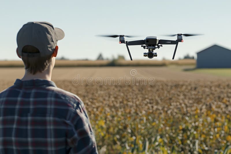Farmer Skillfully Navigating Drone Over Farmland royalty free stock image