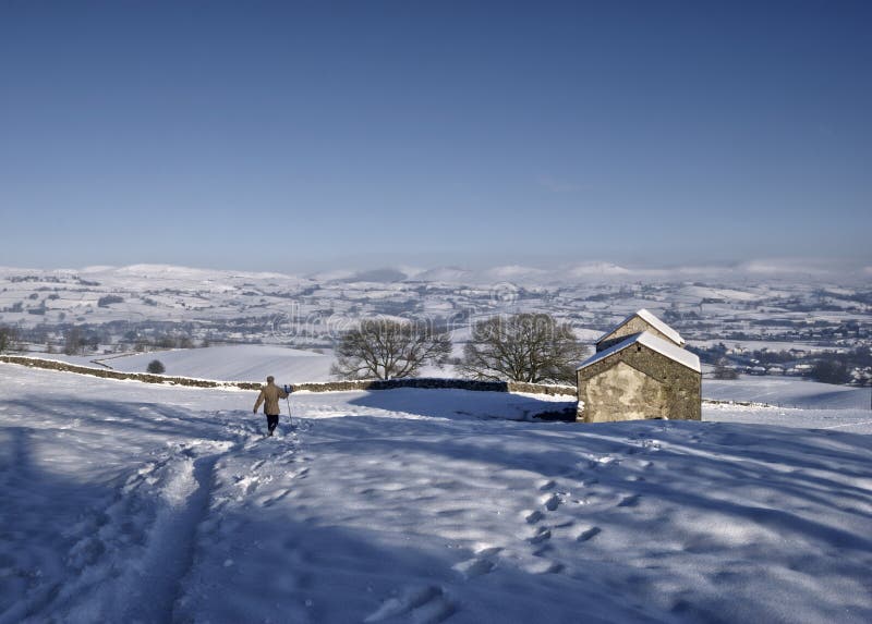 Farmer in snowy countryside