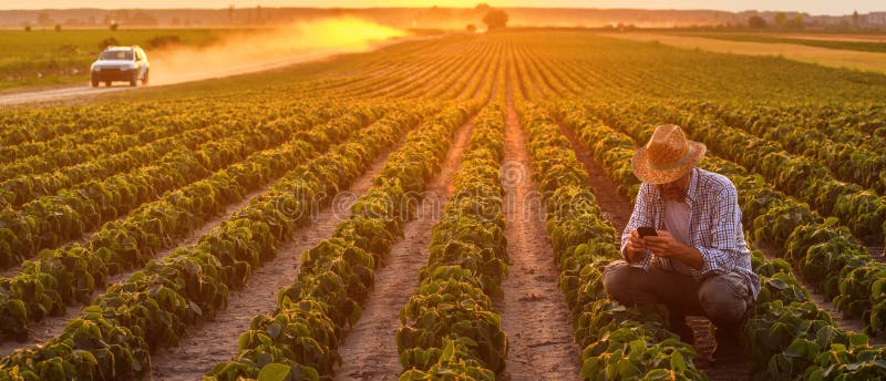 Farmer using smartphone in cultivated soybean field in summer sunset, smart farming and modern technology in agricultural activity royalty free stock image