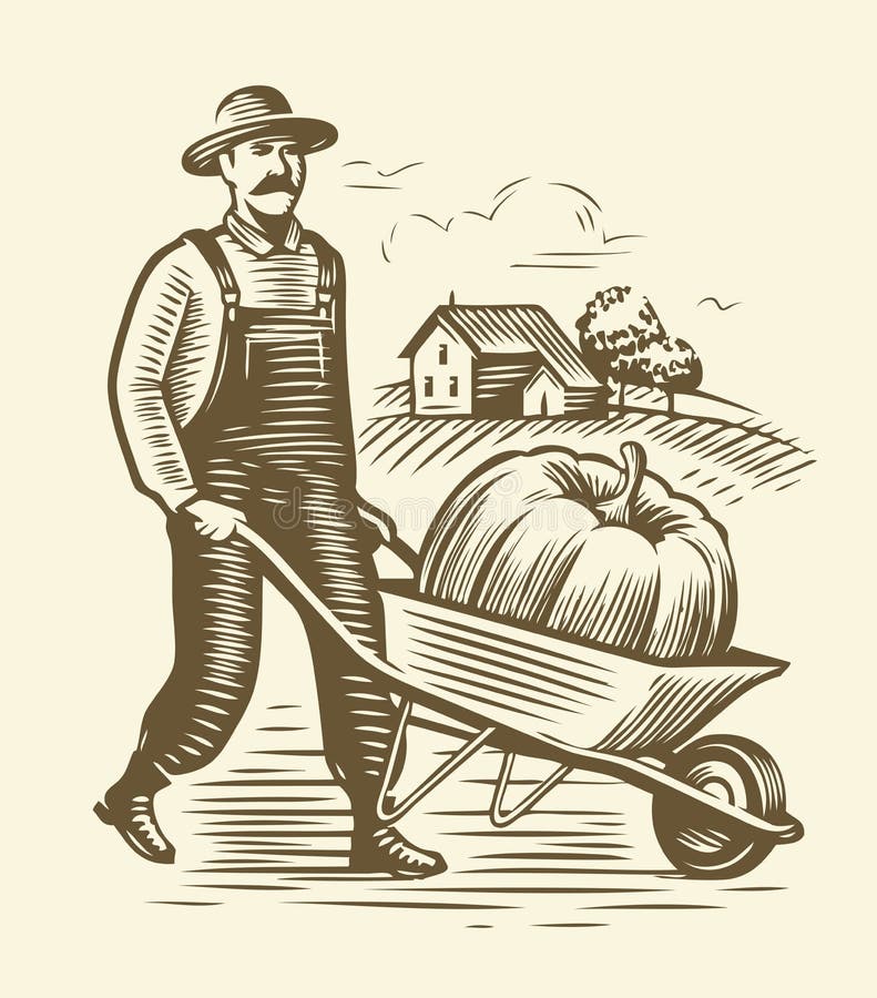 Farmer with wheelbarrow sketch. Agriculture, farm vintage vector illustration