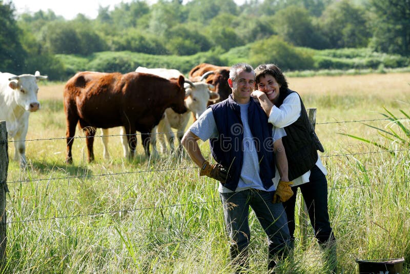 Farmer and wife in field stock image. Image of meat, grass 37040613