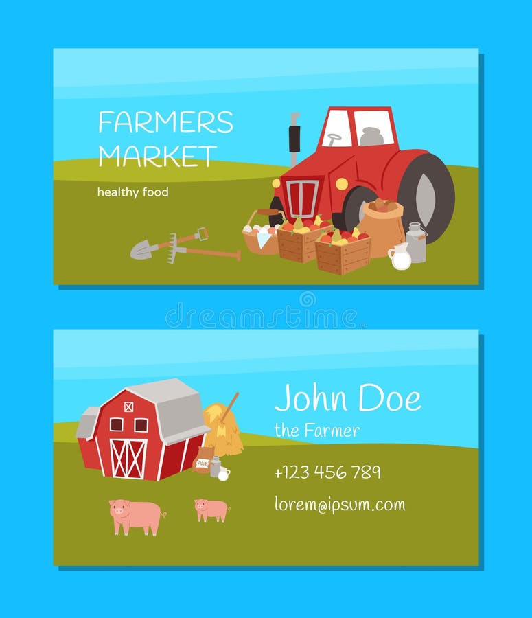 Farmers Market and Agriculture Business Card with Cartoon Farm Equipment,  Food and Animals Vector Illustration. Healthy Stock Vector - Illustration  of background, landscape: 136753834