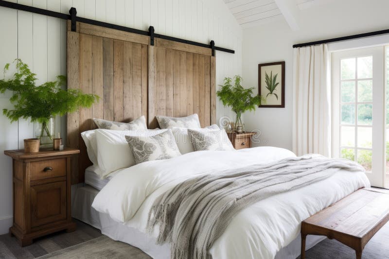 farmhouse bedroom with white linens and a barn door headboard